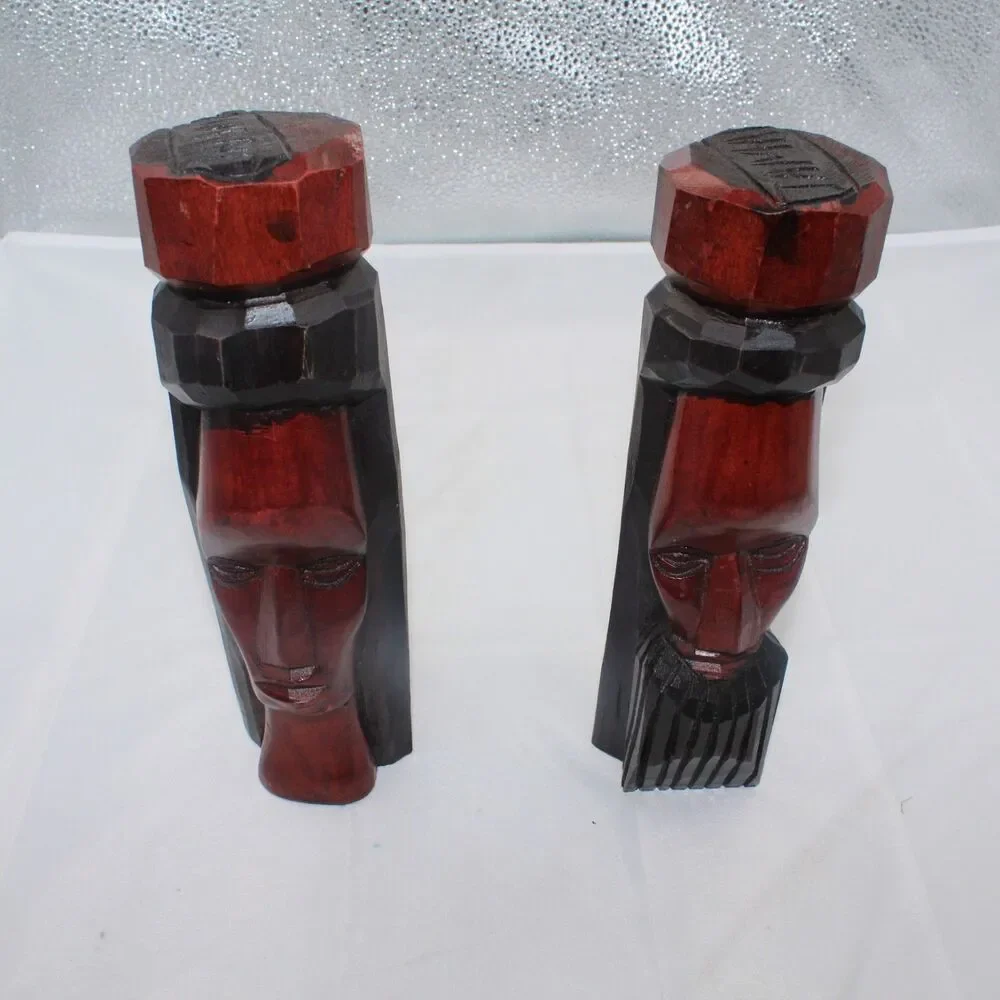 Vintage Jamaican Hand Carved Wooden Bust Statues Pair Man Woman Folk Art Totem 8